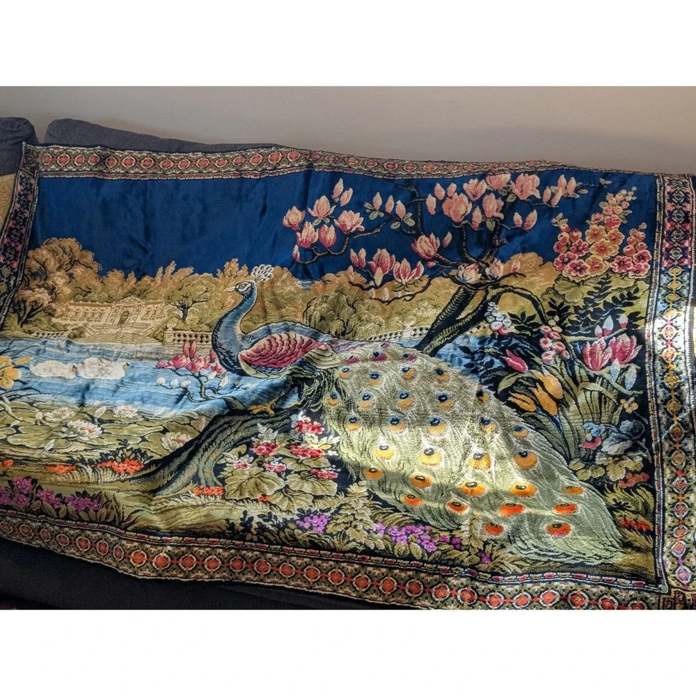 Velvet Peacock Tapestry Large 6x4 Wall Hanging Fringe Boho Cottagecore Vintage